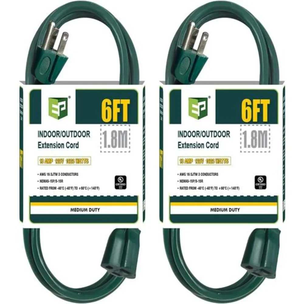 2 Pack 6 Ft Outdoor Extension Cord - 16/3 SJTW Green Electrical Cable